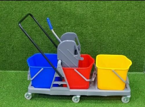 KRA Plastic Triple Bucket Wringer Trolley, For Industries, Color : Grey, Blue, Yellow Red