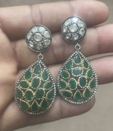 Printed Polished Silver Ladies Emerald Polki Earrings, Style : Antique