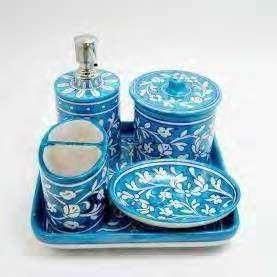 Multicolor Printed Katira Gum Glass Powder Blue Pottery Bathroom Set