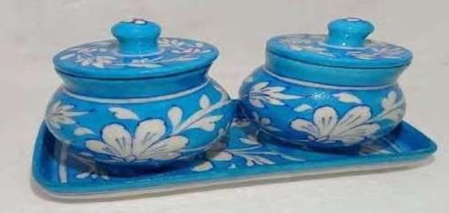 Blue Pottery Tray With 2 Jars, For Pickles Storage, Sugar Storage Etc., Feature : Fine Finishing, Attractive Look