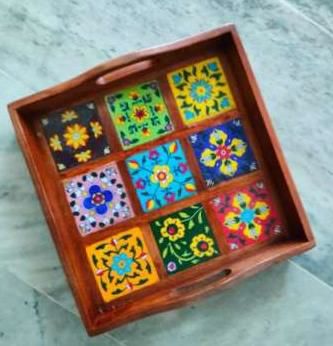 Brown Printed Wooden Square Tray, For Kitchenware, Feature : Light Weight, Eco-friendly