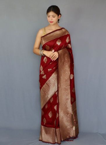 1100-H Maroon Zari Silk Sarees, Occasion : Traditional