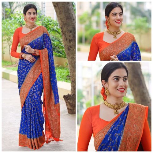 222 Blue & Orange Litchi Silk Sarees