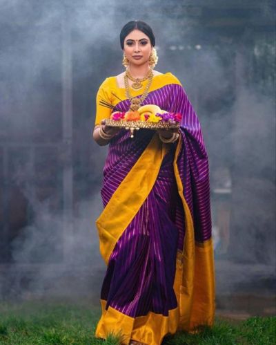 222 Purple & Yellow Litchi Silk Sarees