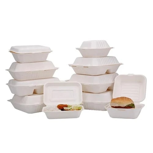 White Square Plain Bagasse Clamshell Box, For Food Packaging