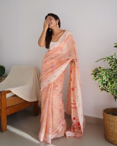 Paisley Silk Cotton Peach Lakhnavi Sarees, Occasion : Traditional