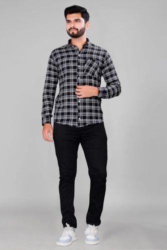 Regular Fit Mens Black Printed Checked Cotton Shirt, Size : Small