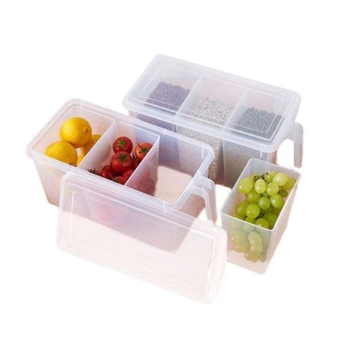 Plastic Fridge Square Handle Food Storage Organizer Boxes With Lid, Handle and 3 Smaller Bins