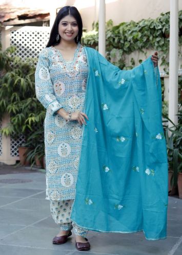 Dori Fashions Straight Printed Ladies Blue Cotton Suit, Packaging Type : Poly Bag