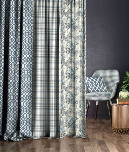 Blue Printed Polyester Arteon Curtain Fabric