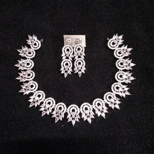 Brass American Diamond Necklace Set, Packaging Type : Plastic Box