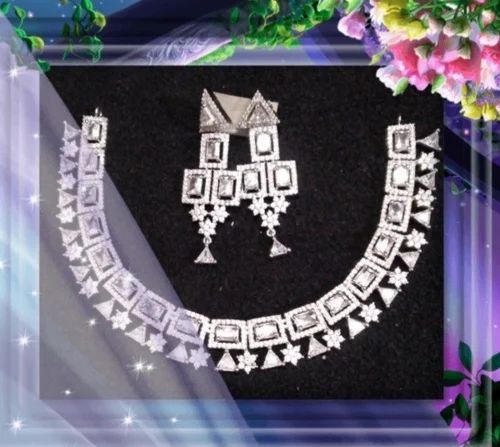 Silver Party Wear American Diamond Necklace Set, Packaging Type : Plastic Box