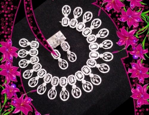 Silver American Diamond Necklace Set, Packaging Type : Plastic Box