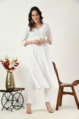 Cotton Floral Ladies Chikan Kurtas, Neck Style : Mandarin Collar