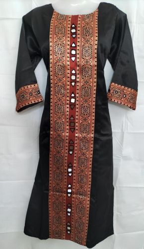 Ajrakh Panel Mirror Work Kurti, Frame Material : Mashru Silk