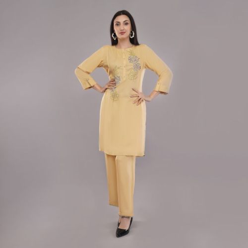 Ladies Beige Color Embroidered Kurti Set, Packaging Type : Packet