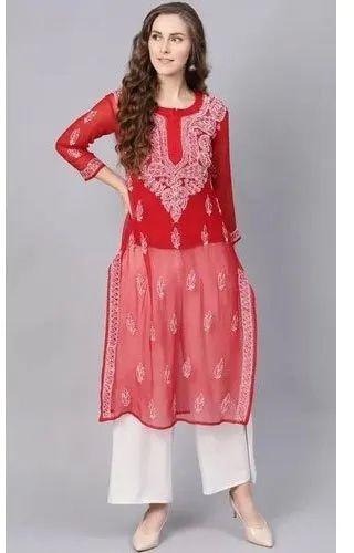 Ladies Red Embroidered Georgette Kurti, Size : XL, XXL