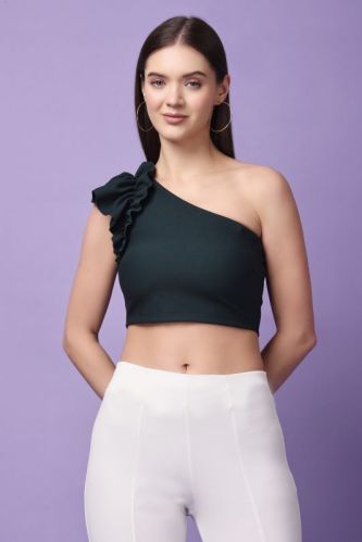 Meeami Fashion Plain Ladies Green Twill Top, Sleeve Style : Sleeve Less