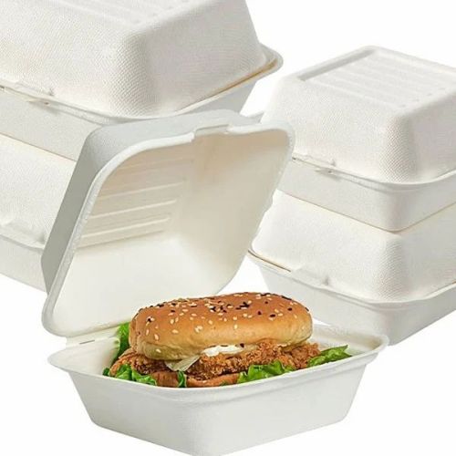 White Square Plain Sugarcane Baggasse Disposable Clamshell Boxes, For Food Packaging