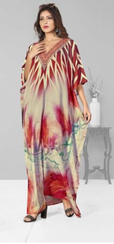 AGCJK403 Long Digital Printed Kaftan Kurti, Size : Free Size (Fits Upto 3XL), Fitting Belt Inside
