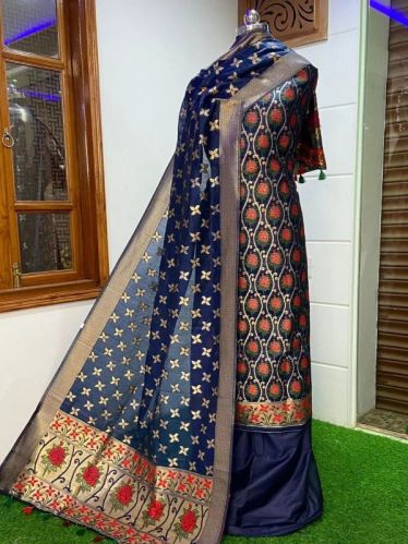 Ladies Blue Handloom Pure Banarasi Suit, Occasion : Festival Wear, Party Wear