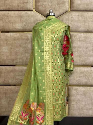 Ladies Green Handloom Pure Banarasi Suit, Occasion : Festival Wear, Party Wear