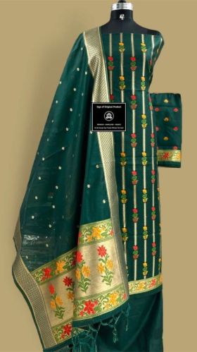 Ladies Rama Green Handloom Pure Banarasi Suit