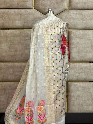 Ladies White Handloom Pure Banarasi Suit, Occasion : Festival Wear, Party Wear