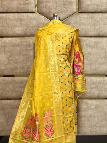 Ladies Yellow Handloom Pure Banarasi Suit, Occasion : Festival Wear, Party Wear