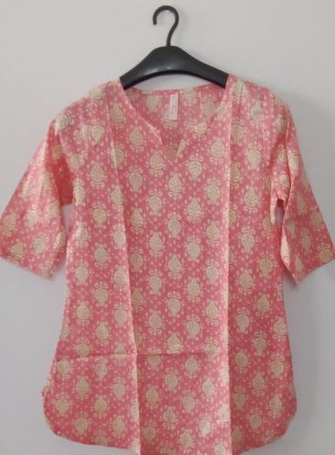 Printed Cotton Pink Kurti, Size : M, L