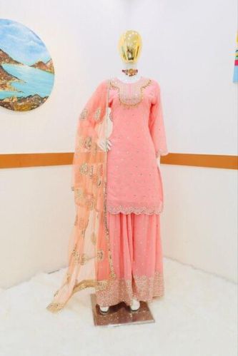 Ynf Fox Georgette Embroidered Round Neck Ladies Sharara Suit