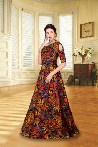 Multicolor Half Sleeve Ladies Printed Party Wear Gown, Size : All Sizes