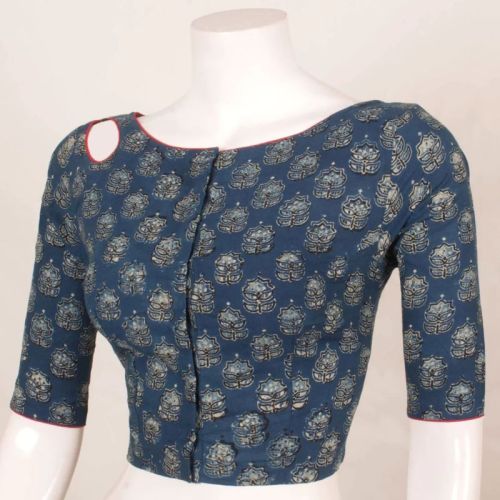 Blue Half Sleeve Handblock Printed Cotton Blouse, Technics : Machine Made