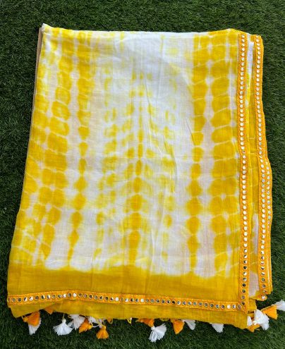 Tye Dye Yellow & White Mulmul Cotton Sarees Party Wear
