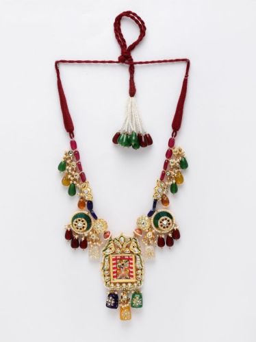 DUGRISTYLE Gold Natural Stones Kundan Necklace Temple Jewellery, Gender : WOMEN
