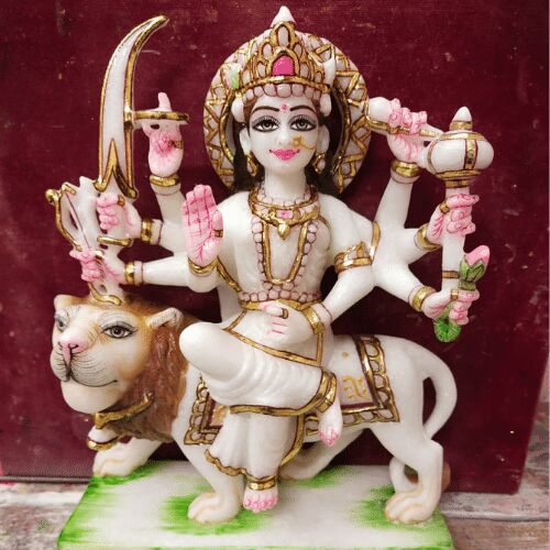 Multicolor Traditional Marble Durga Maa Statue, For Home, Religious, Temple