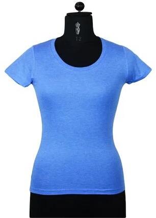 Half Sleeve Cotton Ladies Round Neck T-Shirt, Color : Blue