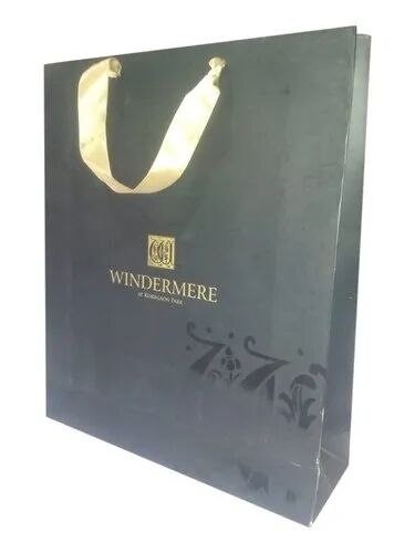 Black Rectangular Printed Ribbon Handle Paper Bag, For Shopping