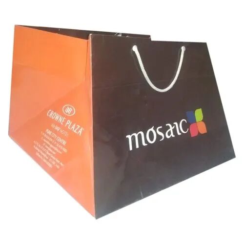 Brown Orange Printed Square Bottom Paper Bag, For Shopping
