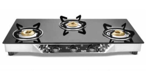 Silver Three Burner Glass Top Gas Stove, For Kitchen