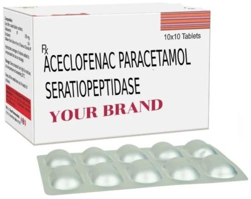 White Aceclofenac Paracetamol Serratiopeptidase Tablet, For Hospitals Clinic, Packaging Type : Box