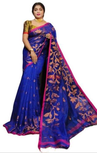 Ladies Dark Blue Handloom Saree, Width : 5.5 Meter