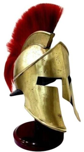 Antique Golden Brass Spartan Helmet With Red Plume, Feature : Fine Finishing, Light Weight