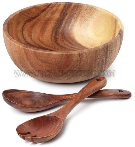 Imza Overseas Plain Wooden Serving Bowl & Spoons, Color : Natural