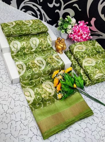 Printed Design Light Green Cotton Sarees, Packaging Type : Packet