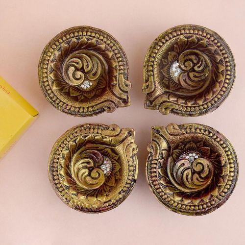 Golden Satvik Clay Diya, For Decoration