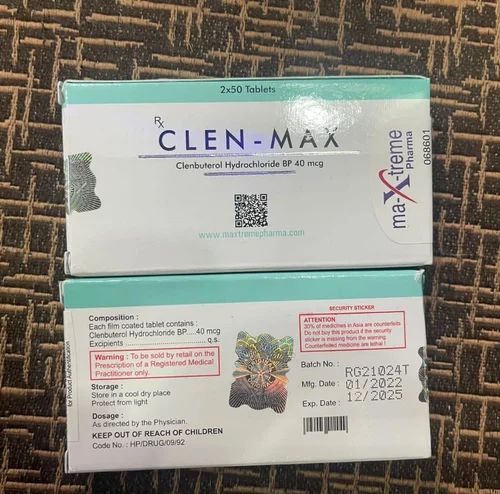 White CLEN-MAX Clenbuterol Hydrochloride 40mcg Tablet, For Hospitals Clinic, Packaging Type : Strips