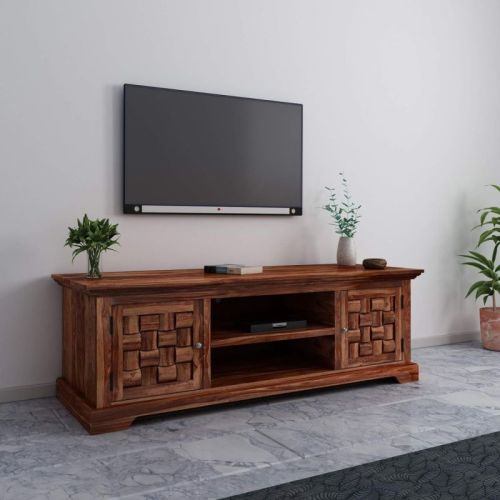 Brown Sheesham Wood Niwar Design TV Cabinet, Size : 43D X 130W X 45H Centimeters
