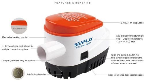 Seaflo Automatic 1100 Gph 12V / 24V Submersible Bilge Pump Boat Built In Float Switch For Boat Marine