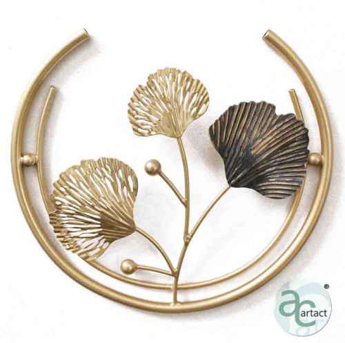 250 Mm Grey Gold Moon With Ginkgo And Wired Leaves Wall Art Metal Ring